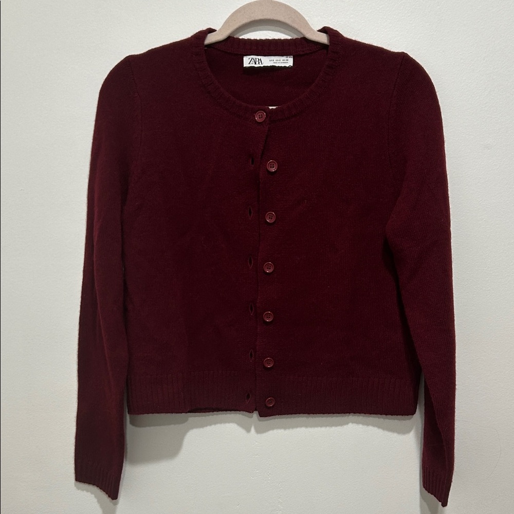 Zara Women's Deep Burgundy Round-Neck Button Cardigan